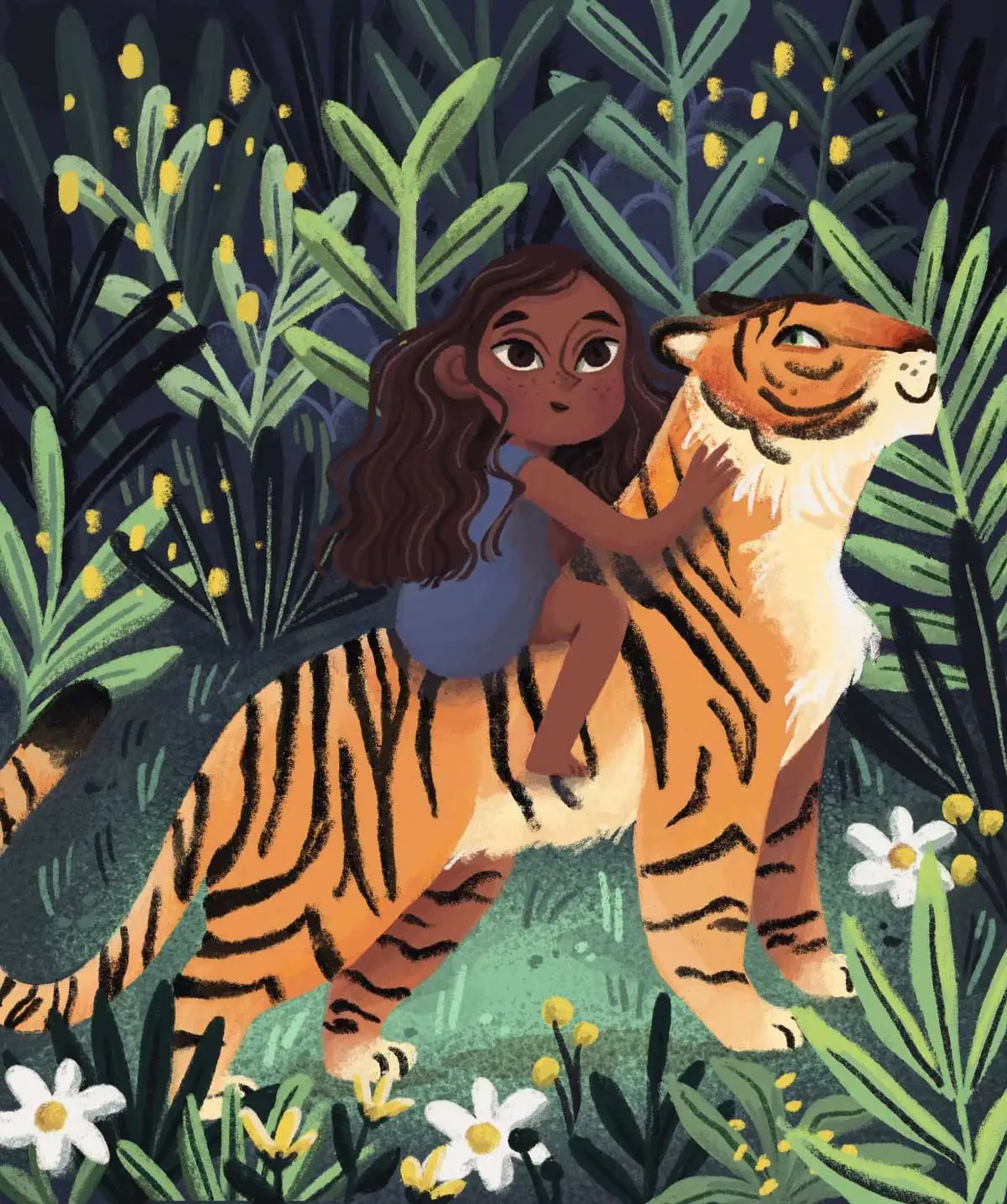 An illustration of a young girl with dark, curly hair riding confidently on the back of a striped tiger through lush green jungle foliage with yellow and white flowers.