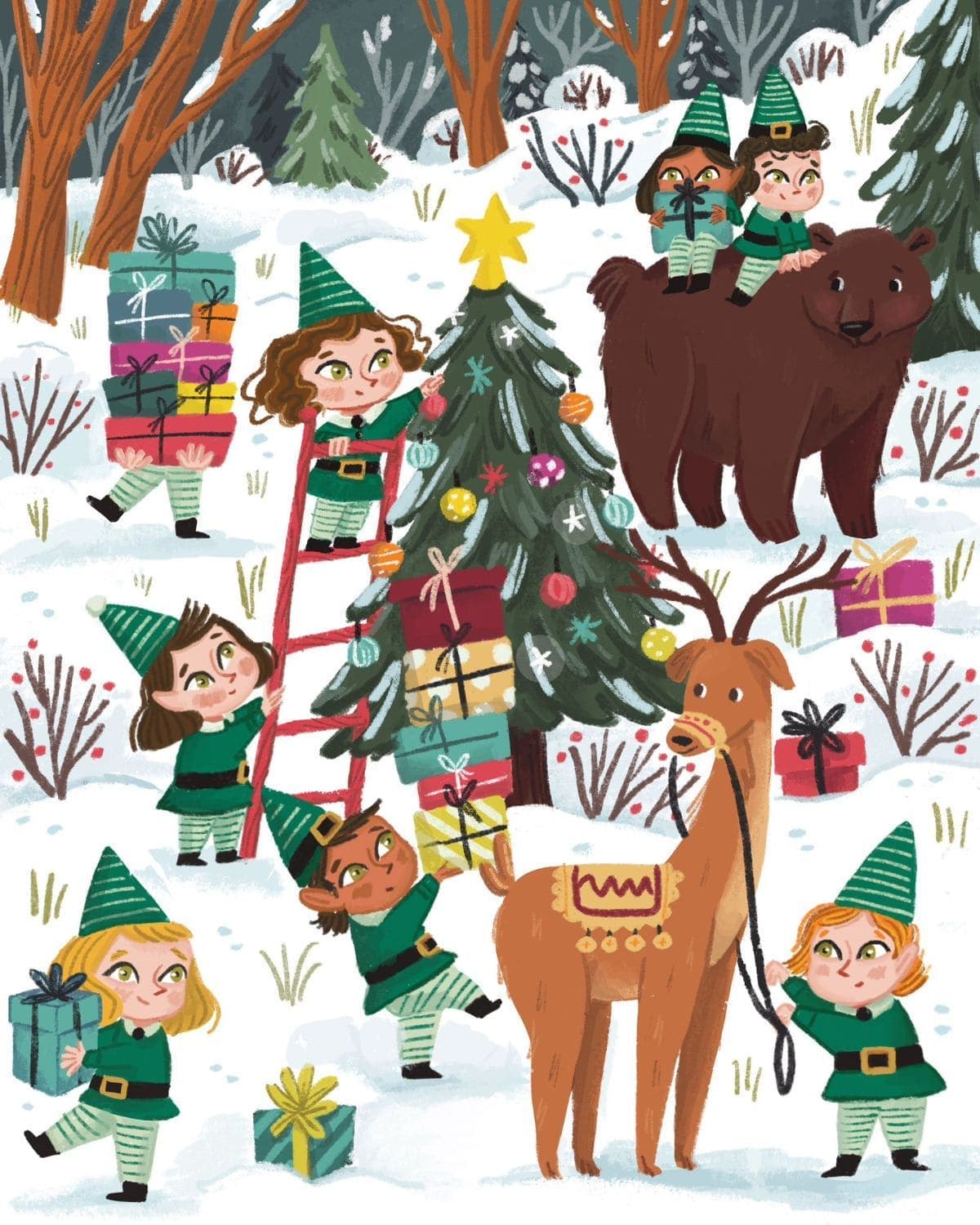 A whimsical, storybook-style illustration of several young Christmas elves in green and white striped hats and uniforms busy preparing for the holiday in a snowy forest. One elf is on a red ladder decorating a pine tree with ornaments and a star, while others stack and carry colorful wrapped gifts. A large brown bear carries two elves on its back, and a stylized reindeer with large antlers and an ornamental blanket stands nearby, held by a small elf. The scene is bright, snowy, and full of holiday activity.