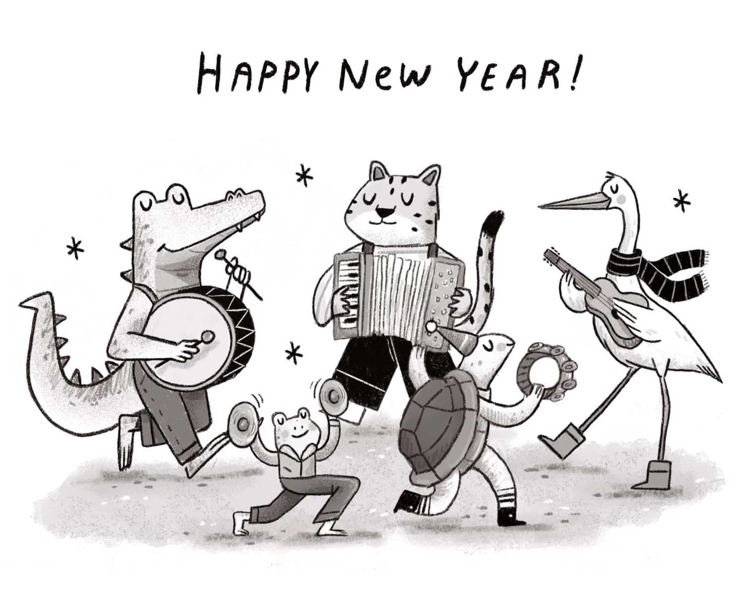 A black and white illustration of a band of anthropomorphic animals playing instruments under the text 'HAPPY NEW YEAR!'. From left to right: an alligator plays a drum, a leopard plays an accordion, a frog plays cymbals, and a turtle plays a tambourine.