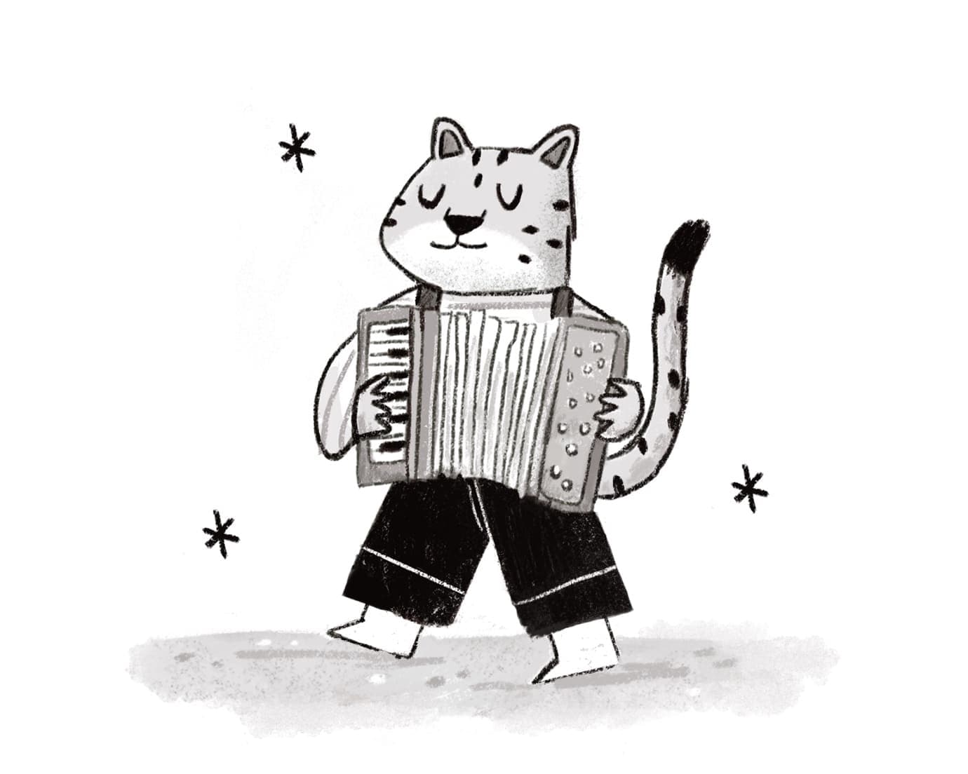 A black and white illustration of a spotted leopard wearing pants, playing an accordion with a happy expression, with two asterisks around it.