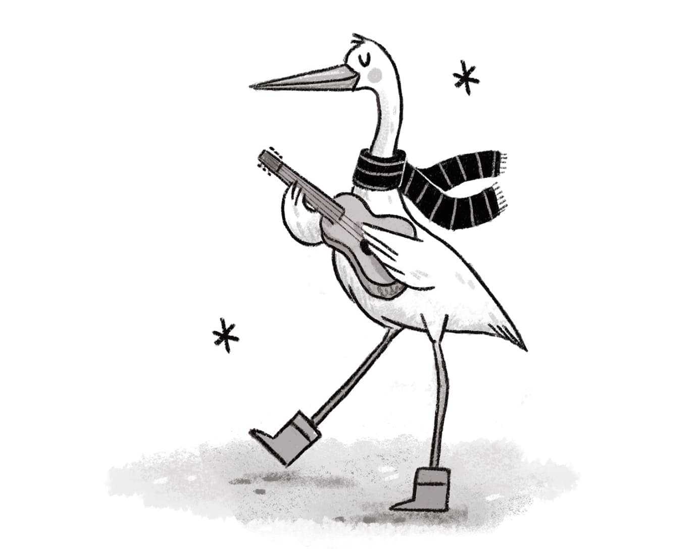 A black and white illustration of a long-legged stork wearing a striped scarf and boots, playing a small guitar, with two asterisks around it.