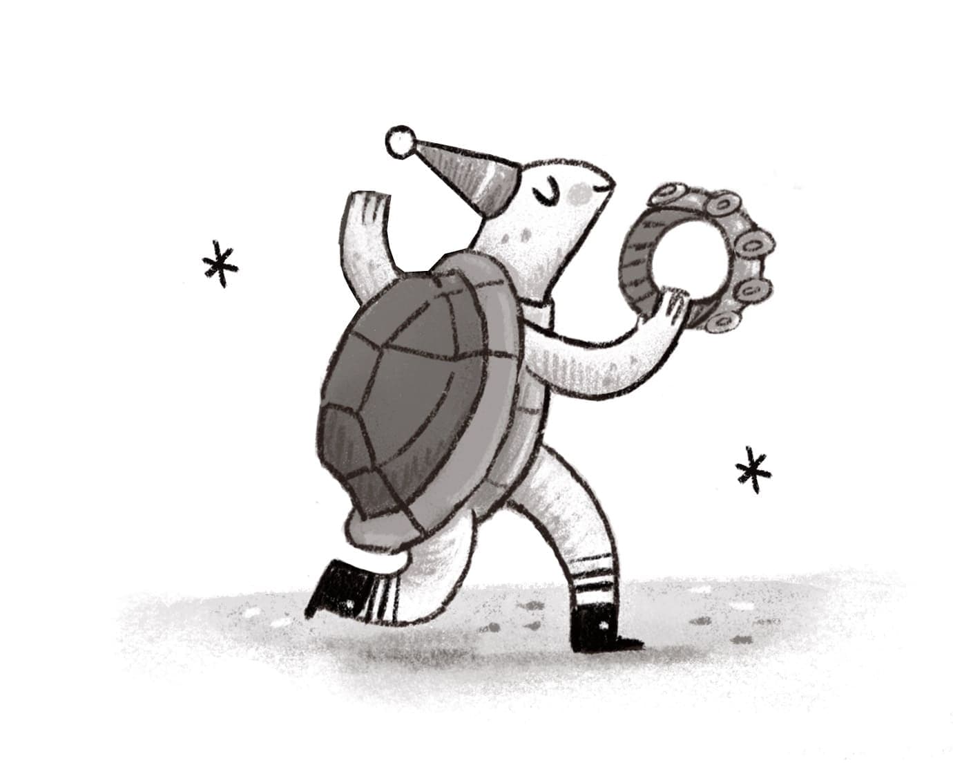 A black and white illustration of a happy turtle wearing a party hat and socks, holding up a small tambourine, with two asterisks around it.