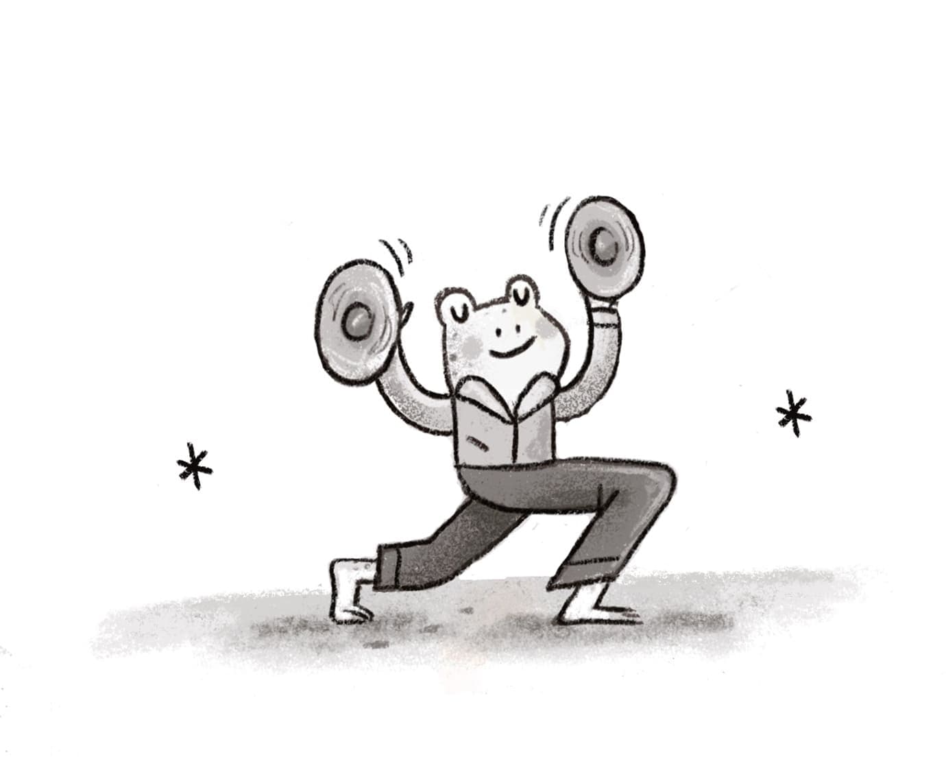 A black and white illustration of a smiling frog in a vest and pants, striking a pose while holding a cymbal in each hand, with two asterisks around it.