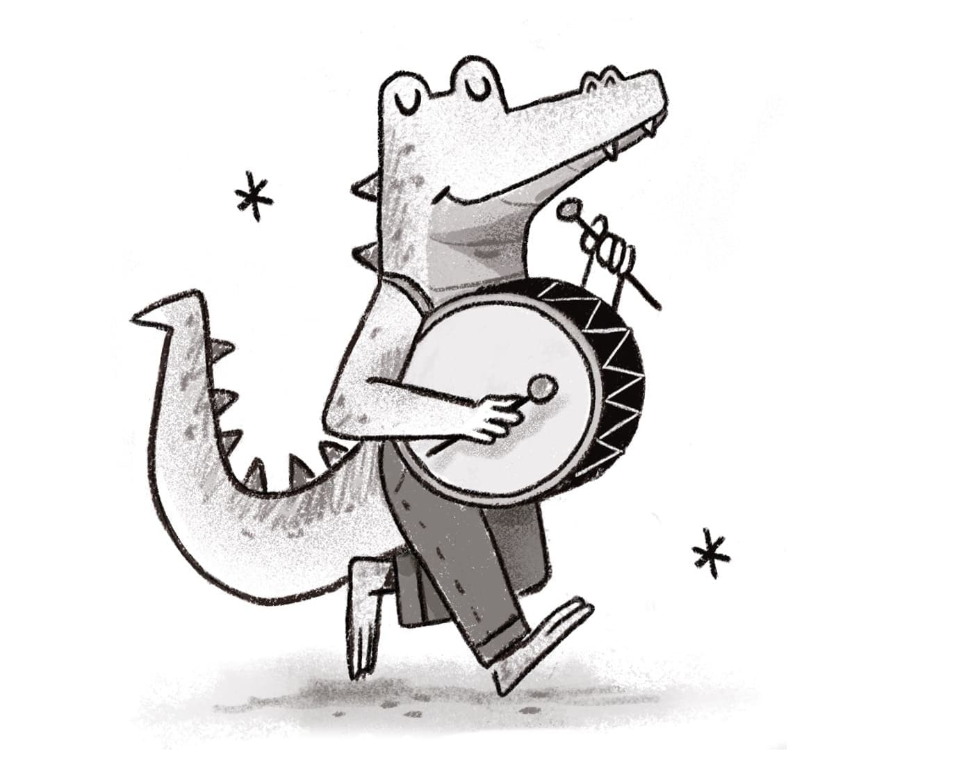 A black and white illustration of an alligator playing a drum with a drumstick in one hand and a cymbal stick in the other, wearing pants, with two asterisks around it.