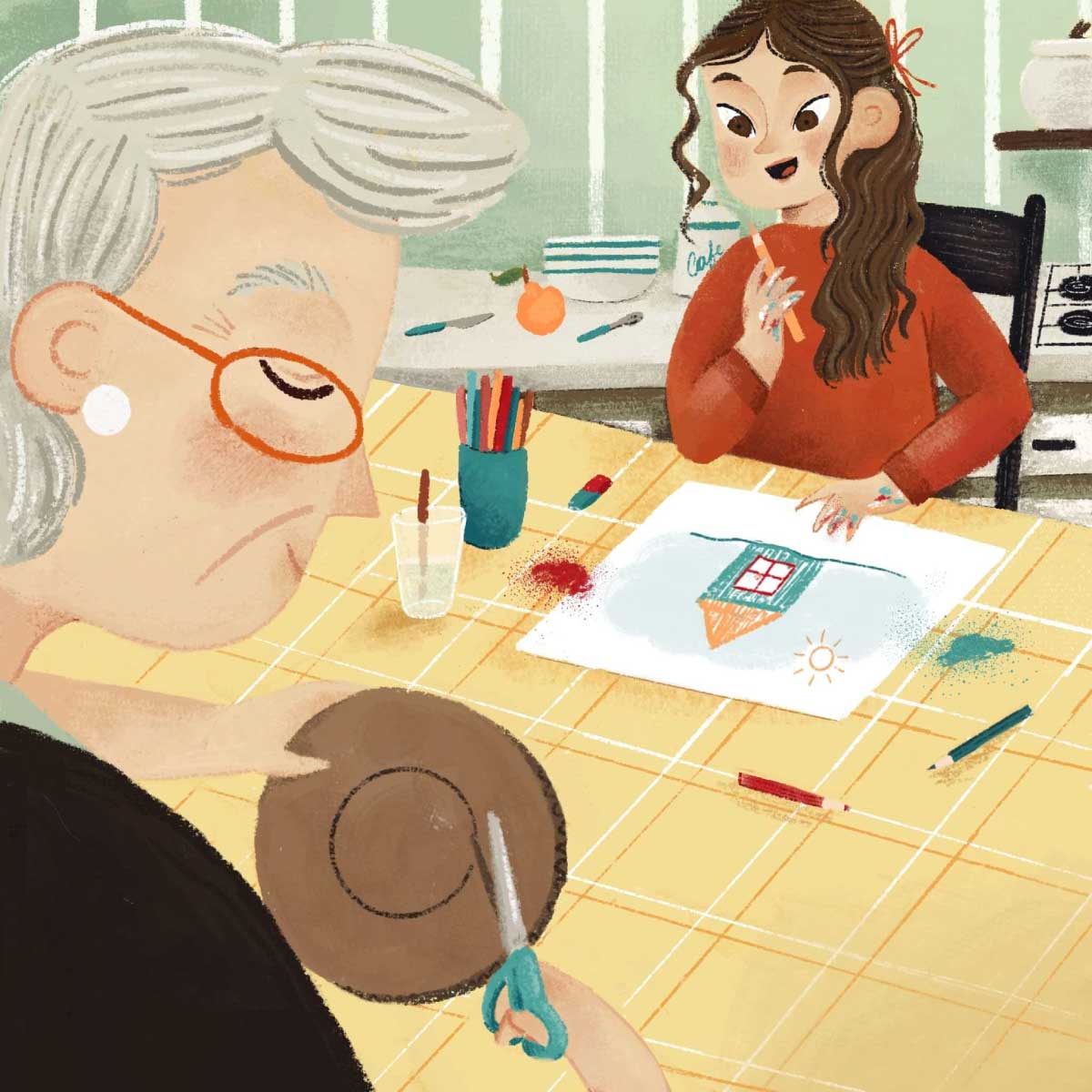 An illustration showing an older woman with gray hair cutting a circle from brown paper, while a young girl with long, curly hair sits at the same table, drawing a house on white paper with crayons.