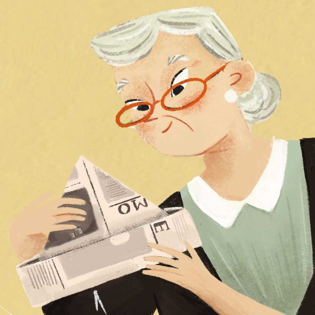 An illustration of an older woman with gray hair and red glasses looking intently at a folded newspaper shaped into a boat or hat.