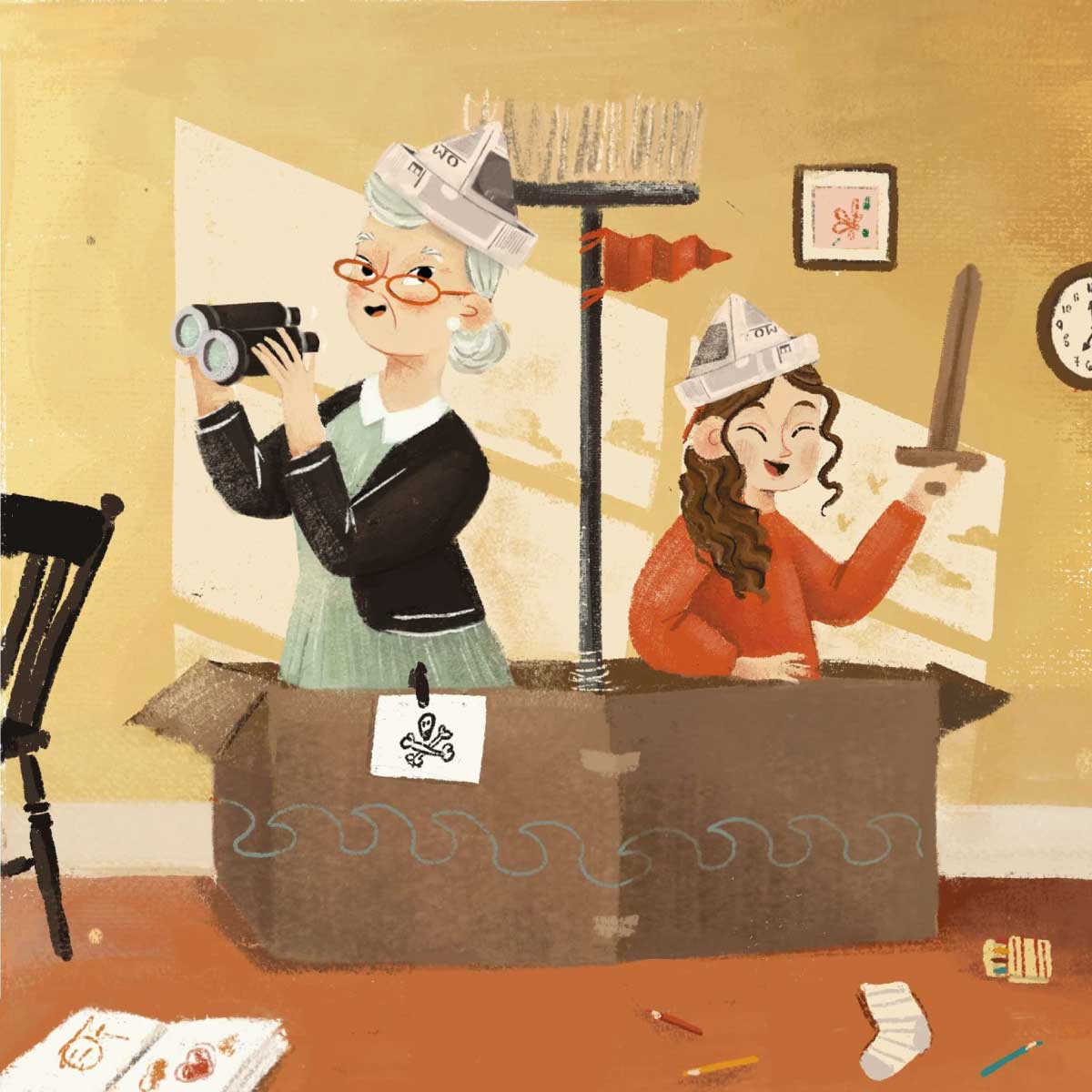 An illustration of an older woman with gray hair looking through binoculars and a young girl with long, curly hair holding a toy sword, both wearing newspaper hats and sitting in a large cardboard box decorated like a pirate ship.