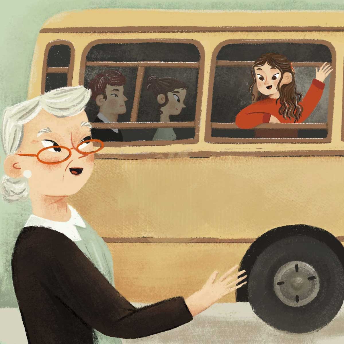 An illustration of a woman with gray hair and glasses waving goodbye to a girl with long, curly hair waving back from the window of a yellow bus, with other passengers visible inside.