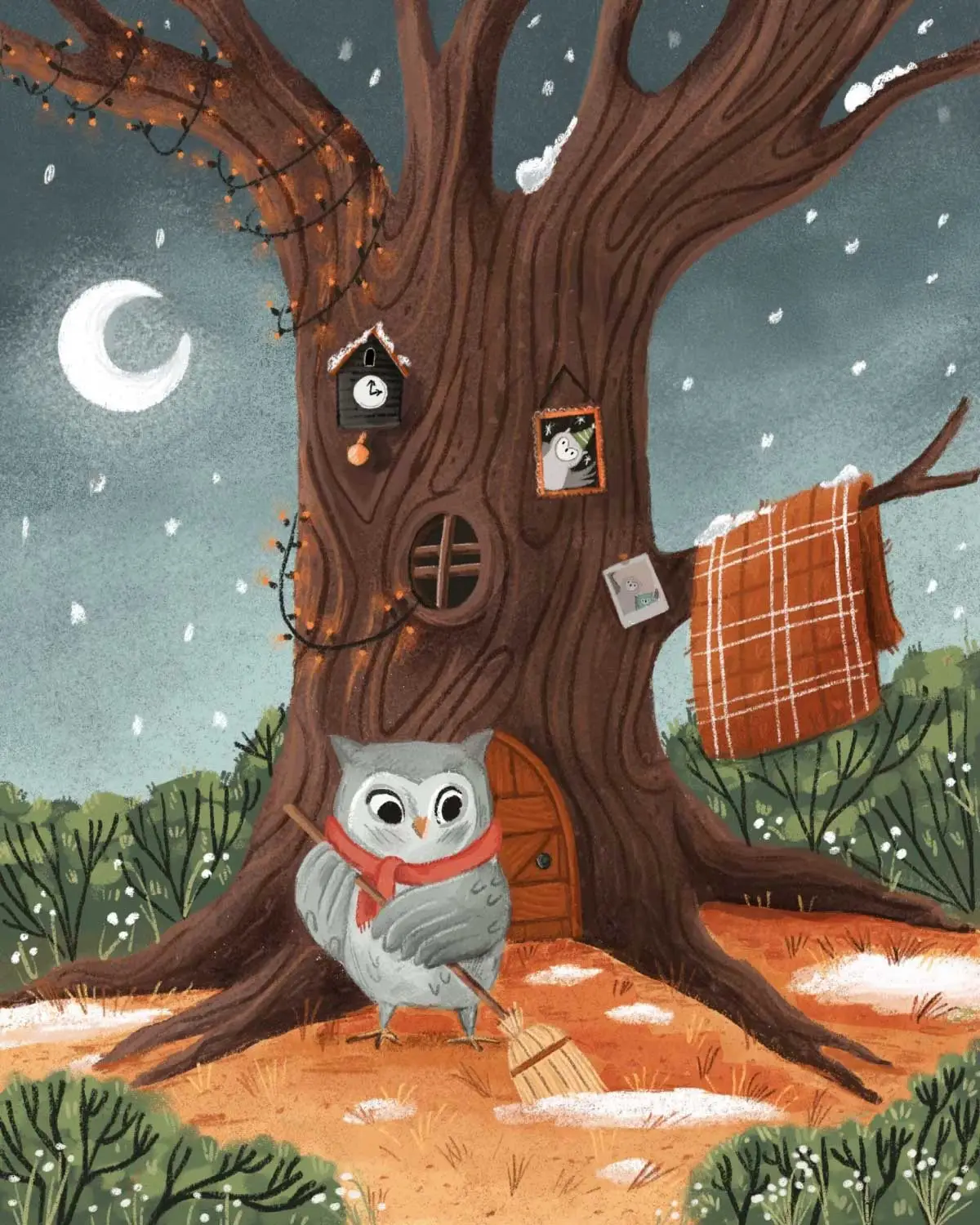 An illustration of a gray owl wearing a red scarf sweeping with a broom in front of a large, gnarled tree that serves as a home, decorated with string lights, a birdhouse, and a hanging blanket. It's nighttime with a crescent moon in the sky, and snow lightly covers the ground.