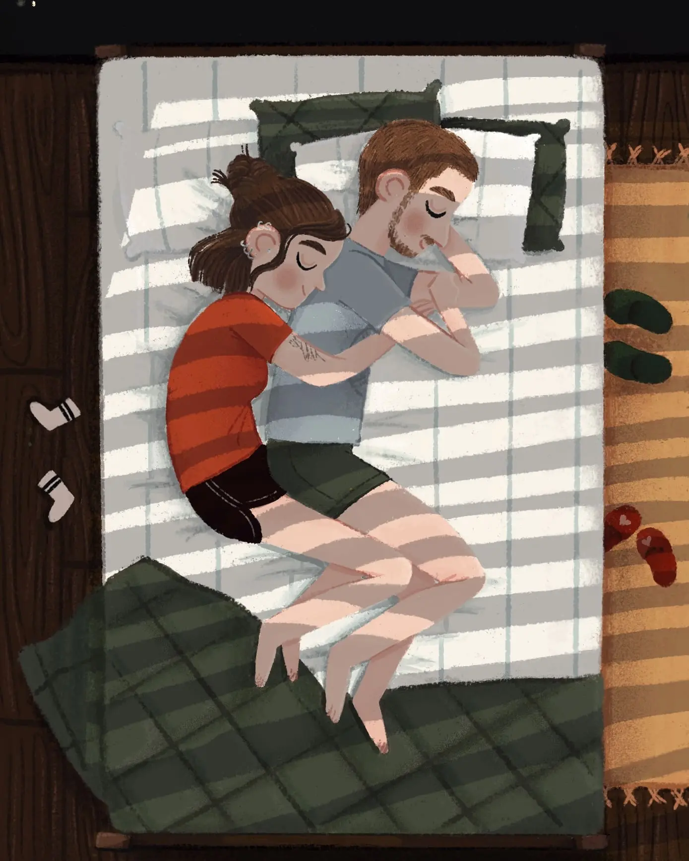 An overhead illustration of two people napping on a bed under a striped sheet. One person with dark hair is spooning the other person with short brown hair and a beard. Strips of sunlight from blinds fall across the bed.