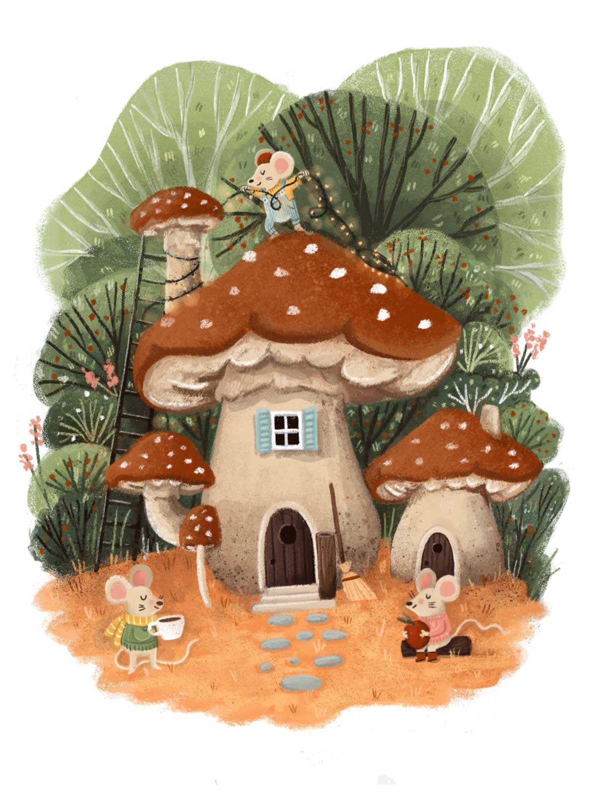 A whimsical illustration of a community of mushroom houses in a lush, green forest. Three small mice are visible: one plays a violin on top of a large mushroom house, another holds a teacup, and the third sits playing a mandolin or lute near a smaller mushroom house.