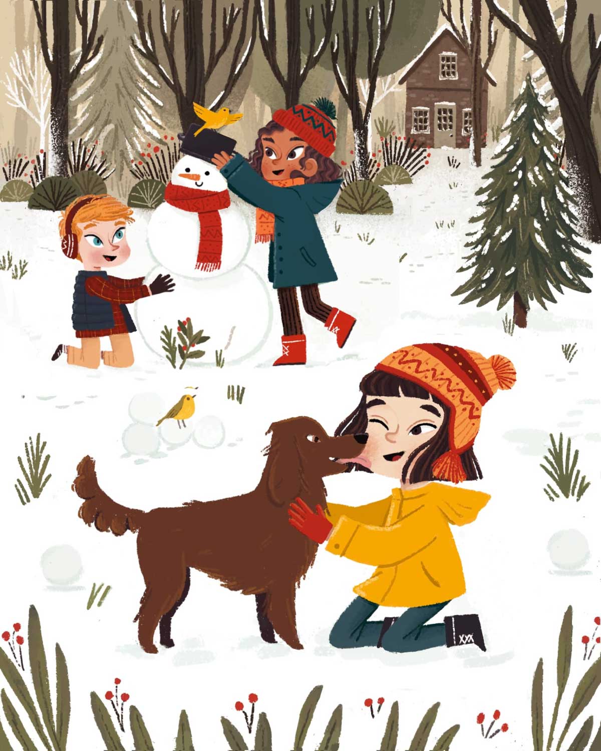 An illustration of a snowy forest scene where a child with a red beanie is putting the finishing touches on a snowman, while another child wearing a yellow coat kneels to pet a brown dog, who licks their face. Small birds are also present.
