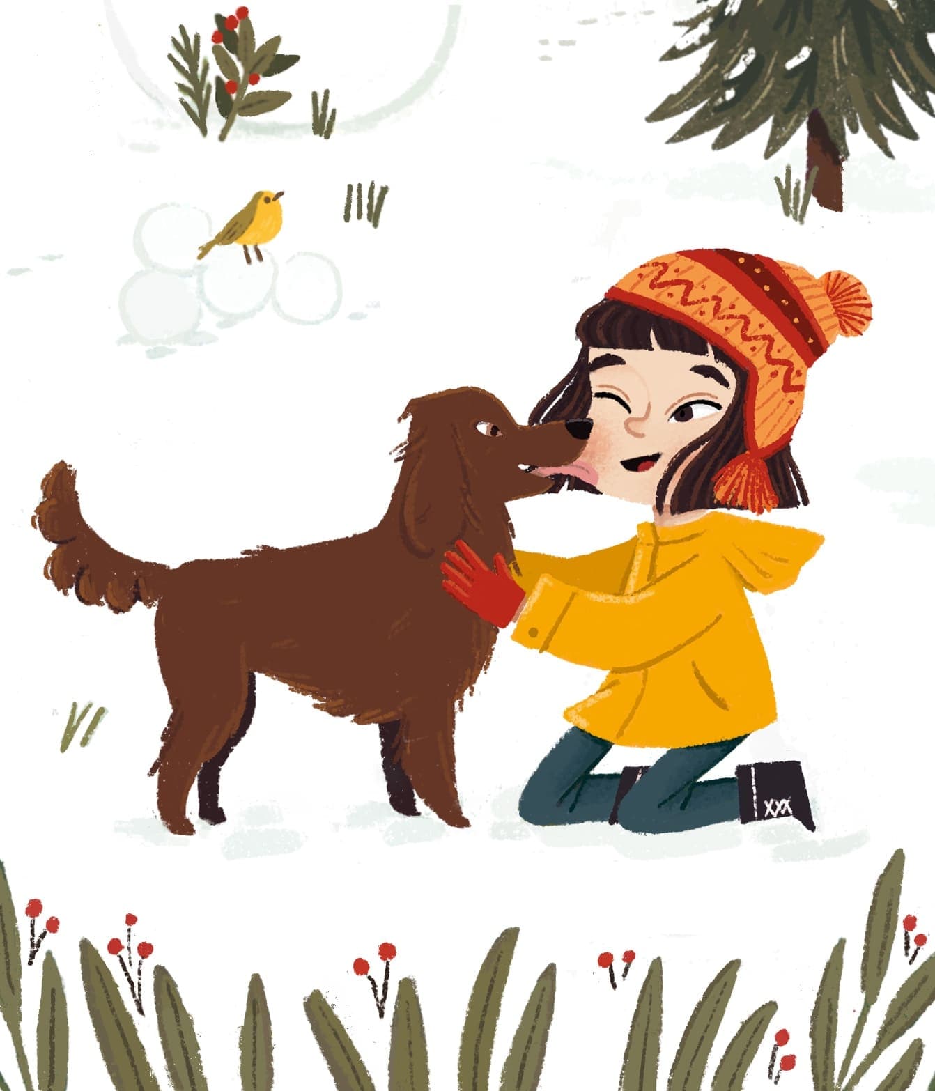 A close-up illustration of a child with a yellow coat and orange beanie kneeling in the snow, smiling as a brown dog licks their face. A small yellow bird is visible in the background.