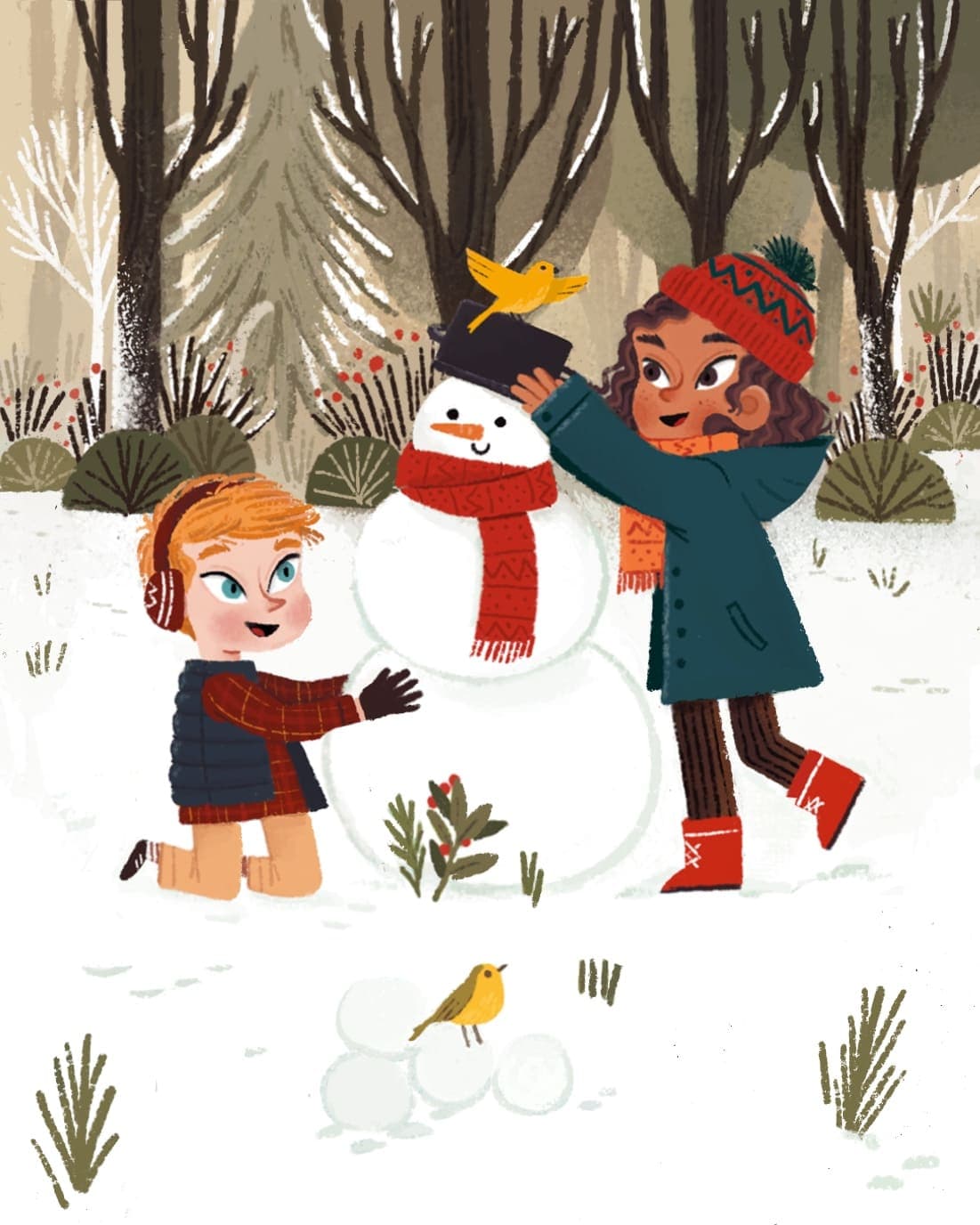 An illustration of a snowy forest scene where a child with a red beanie is putting a hat on a snowman, while another child wearing headphones kneels beside it. A small yellow bird is perched on the snowman's head.