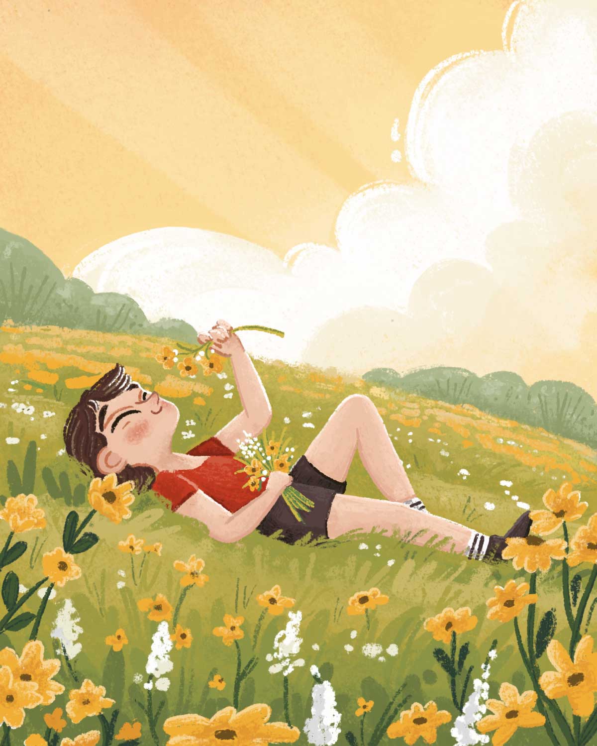 An illustration of a person with short, dark hair lying relaxed in a sun-drenched field of yellow and white wildflowers, holding a small bouquet of yellow flowers to their face, with rolling green hills in the background and soft clouds in the sky.