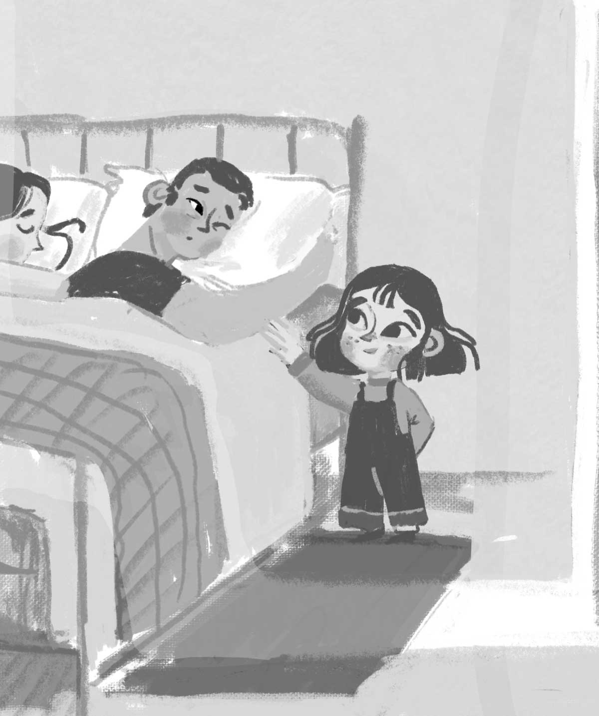 A grayscale process illustration inside a bedroom, where a small child with dark hair stands beside a bed, reaching out to an adult partially visible under the covers. Another adult's head is on the pillow next to them.