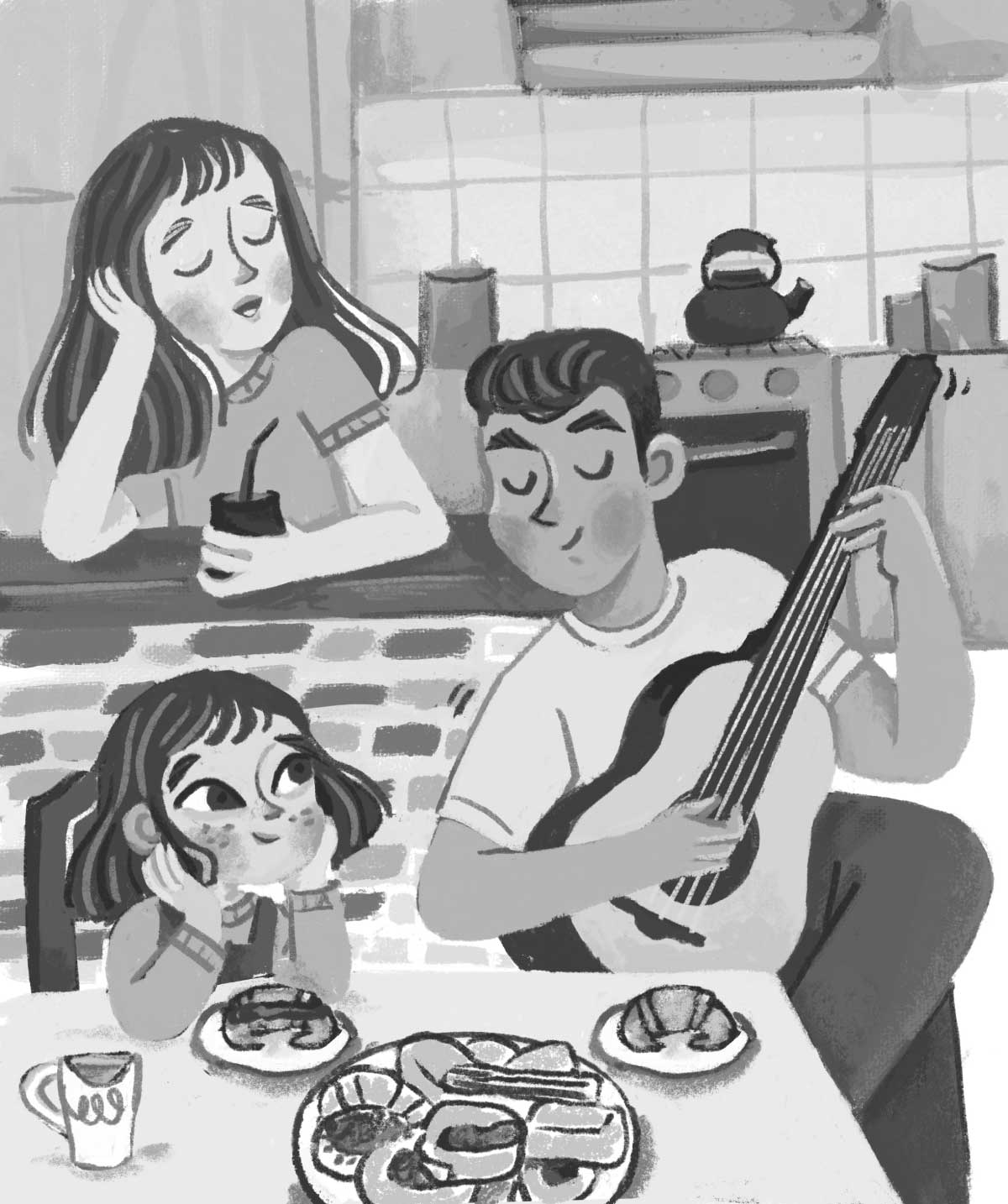A grayscale process illustration depicting a kitchen scene with three individuals. In the foreground, a child with dark hair sits at a table, looking up at an adult playing a guitar. Another adult with long, dark hair leans on a counter, holding a mug. The table is set with pastries and a mug.