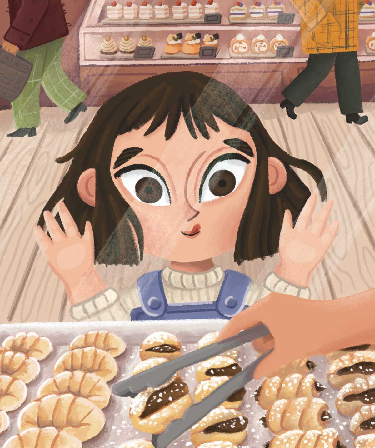 An illustration of a child with dark hair and wide eyes looking excitedly at pastries through a glass display case in a bakery, with a hand in the foreground using tongs to pick up a pastry.