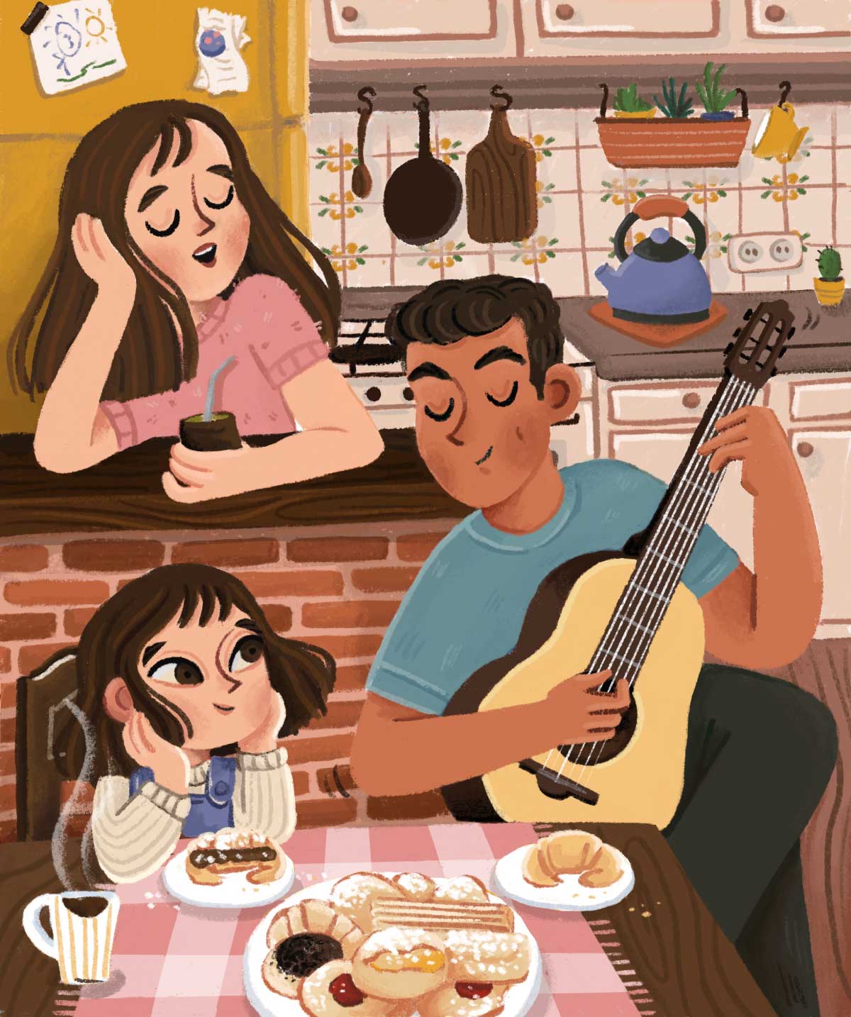 An illustration depicting a cozy kitchen scene with three individuals. In the foreground, a person with dark hair sits at a table with their chin resting on their hands, looking up at an adult playing a guitar. Behind the table, another adult with long, dark hair leans on a counter, holding a mate gourd. The table is set with pastries and coffee, and the kitchen features hanging pots and a kettle on the stove.