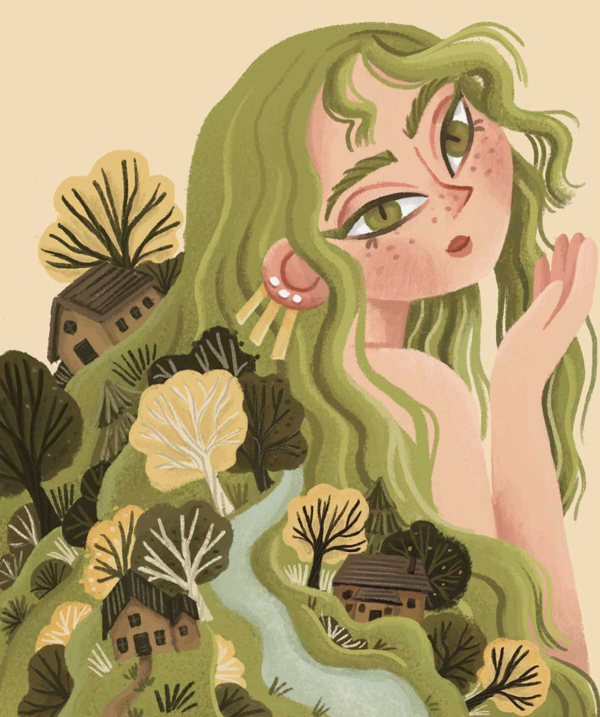 A fantastical illustration of a person's head with long, flowing green hair that transforms into a miniature landscape. The hair is depicted as rolling hills with trees, small houses, and a winding river or path, with the person's face prominent in the upper right.