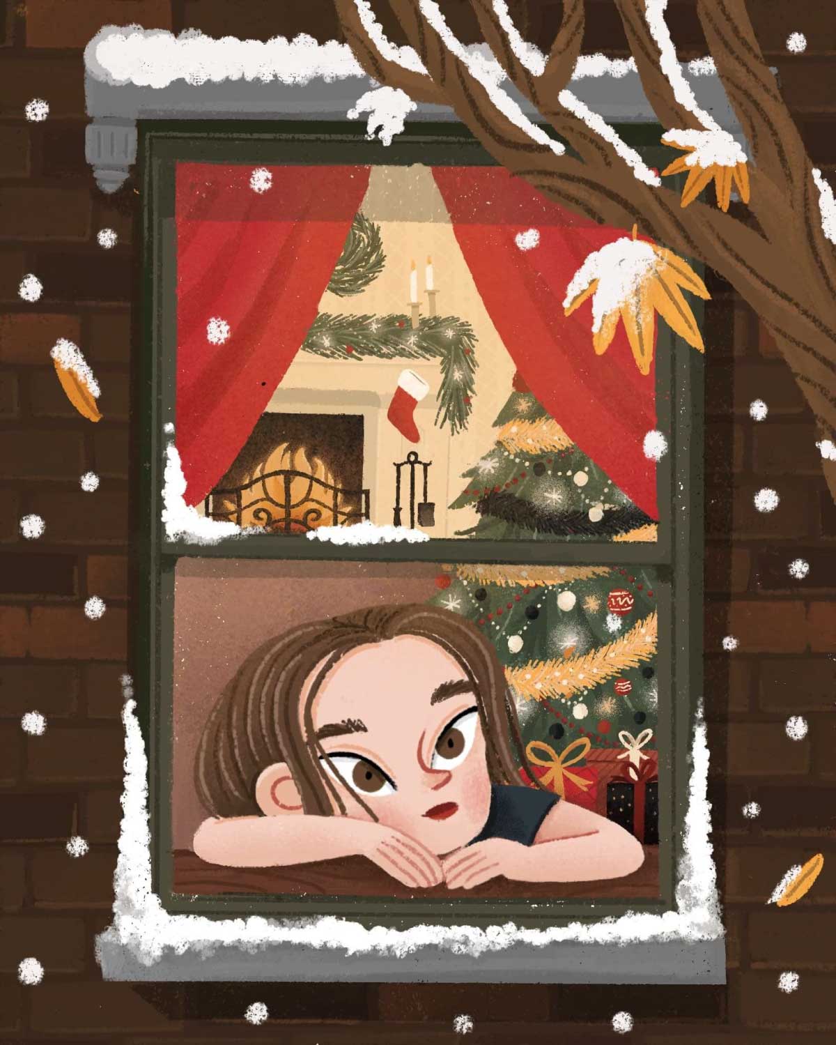 An illustration looking through a snow-dusted window into a cozy home. A young person with dark hair rests their chin on the windowsill, looking out at falling snow. Inside, a fireplace with a mantelpiece decorated with garlands, a Christmas tree with presents, and a stocking hung are visible.