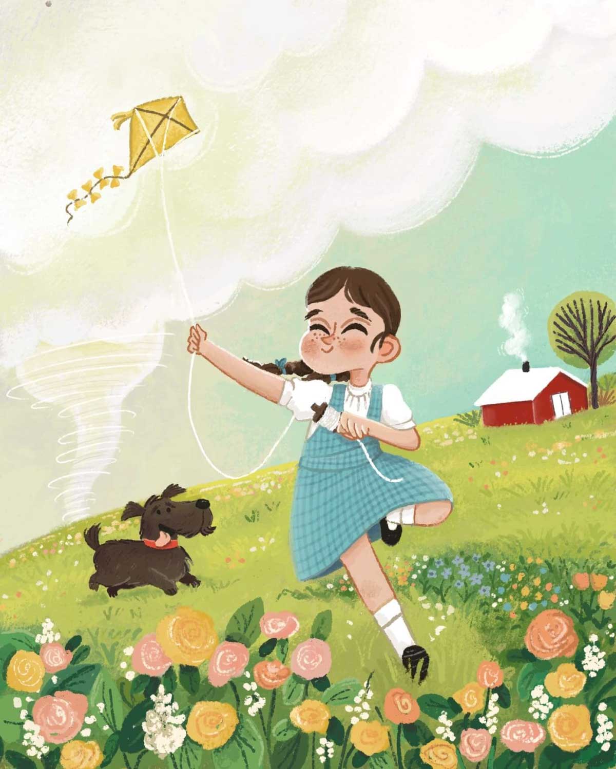 A bright illustration showing a child with dark braids and freckles, wearing a blue checkered dress, running through a vibrant green field of flowers while flying a yellow kite. A small brown dog runs beside them, and a subtle tornado is visible in the background near a red house.