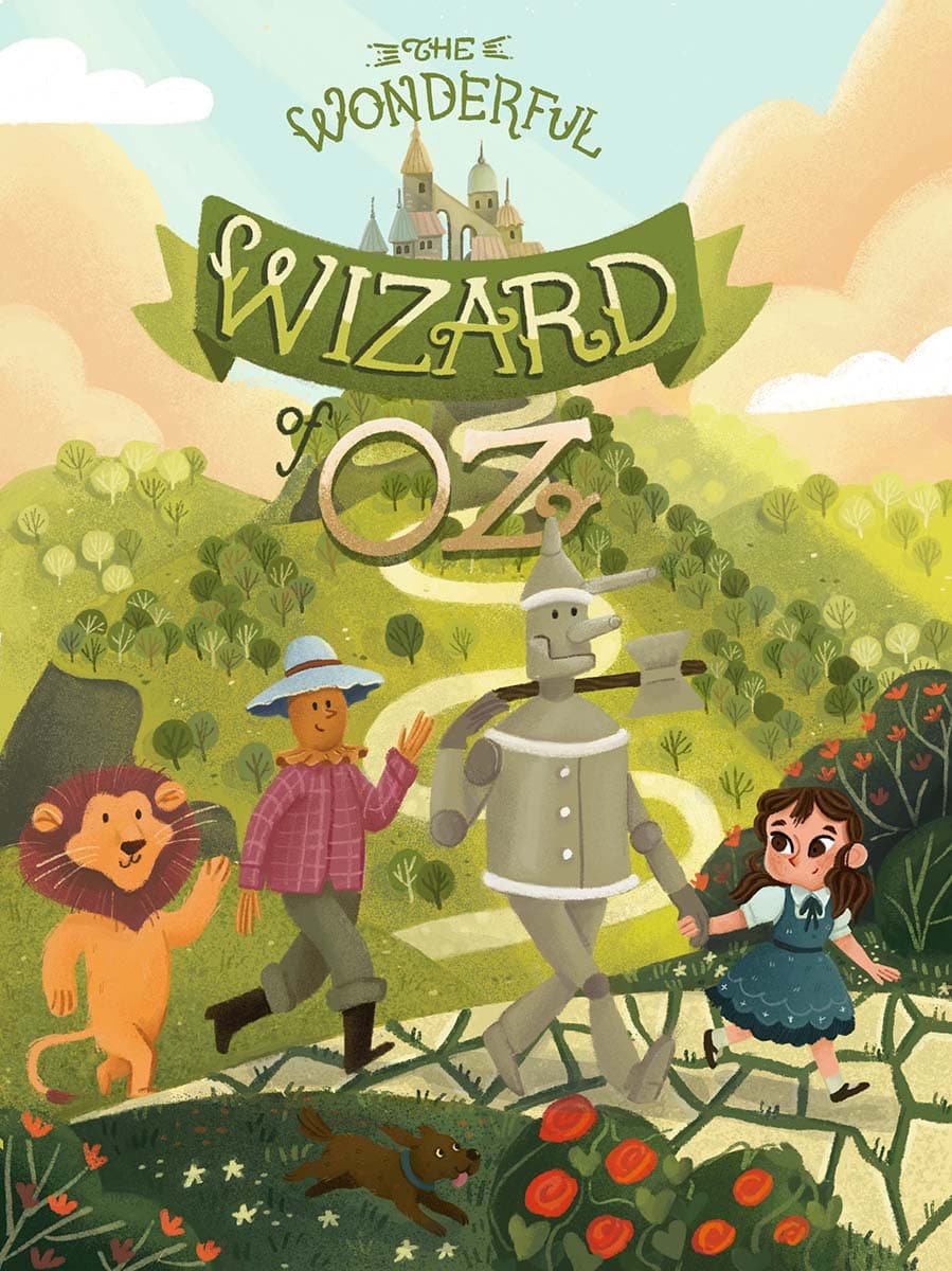 Cover art illustration in a charming, modern storybook style for 'The Wonderful Wizard of Oz,' featuring Dorothy, the Lion, the Scarecrow, and the Tin Woodman traveling the yellow brick road.