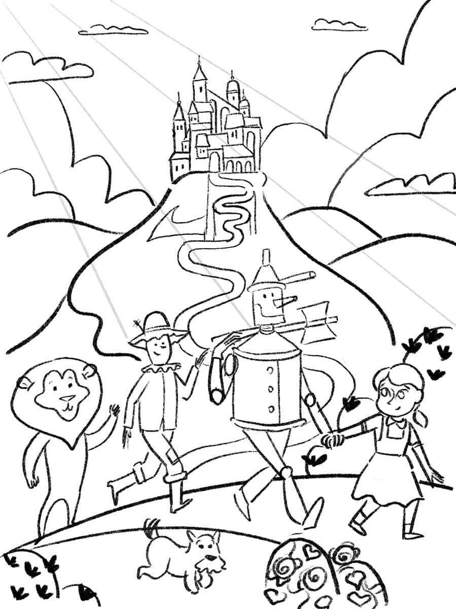 Black and white line art sketch showing the initial composition for the Wizard of Oz illustration, featuring rough outlines of Dorothy, the Lion, the Scarecrow, the Tin Woodman, Toto, and the Emerald City on a hill.