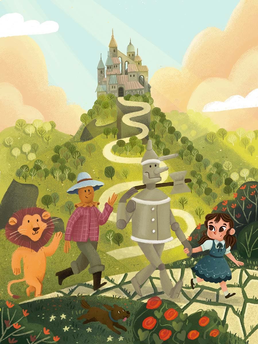 Charming, modern storybook illustration of Dorothy, the Cowardly Lion, the Scarecrow, and the Tin Woodman walking the yellow brick road toward the Emerald City.